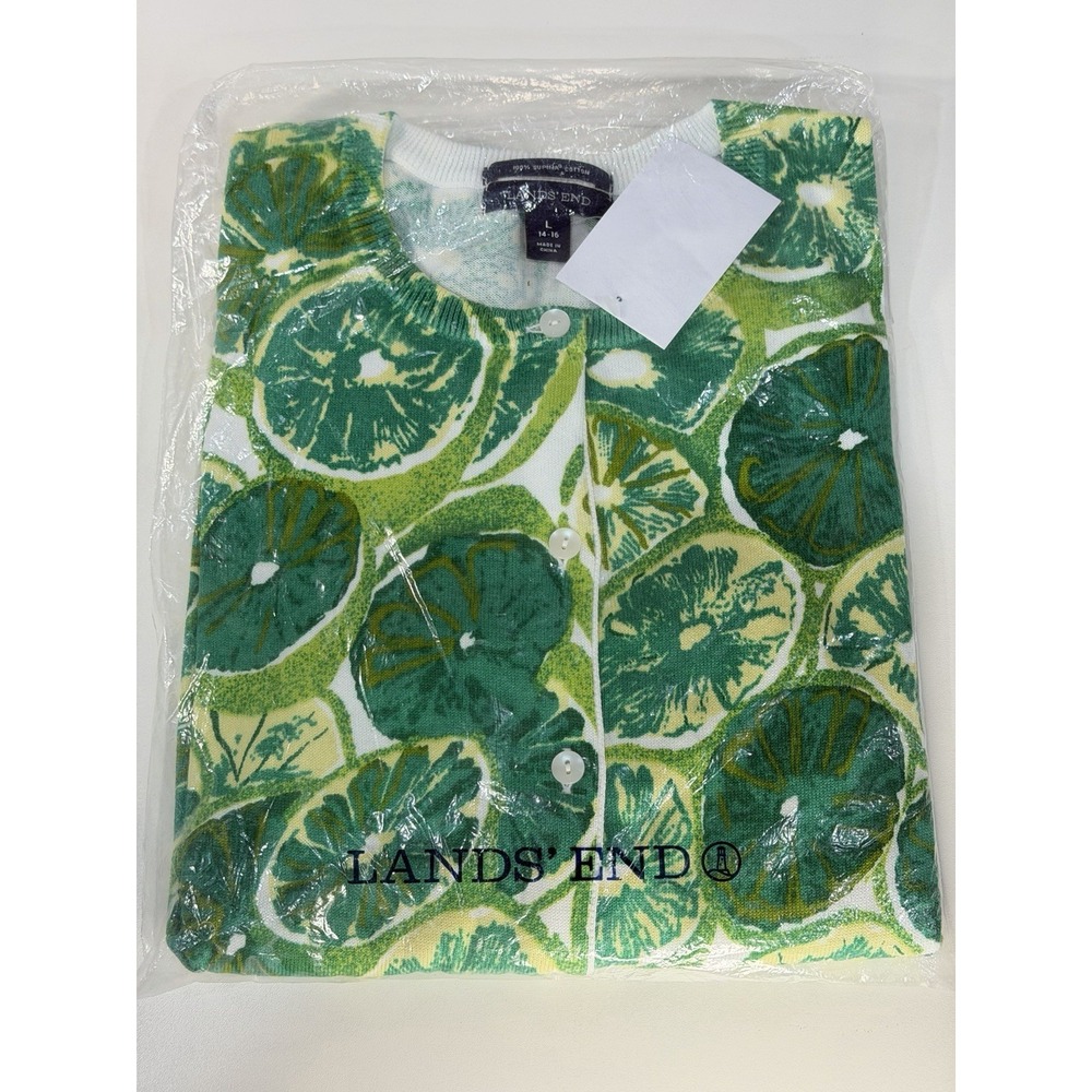Lands' End Women's Large Cardigan Lime Citrus Print Supima Cotton Margarita NWT